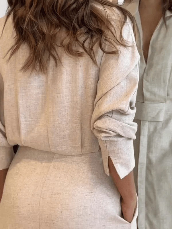 Olivia Bennet | Long Sleeves Loose Split-Joint Split-Side V-Neck Maxi Dresses Shirt Dress