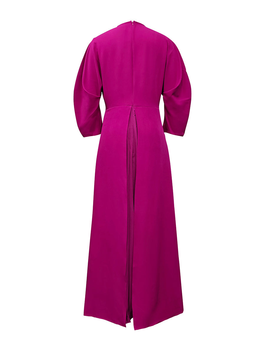 Olivia Bennet | Long Sleeves Loose Pleated Solid Color Split-Joint Tiered Round-Neck Maxi Dresses