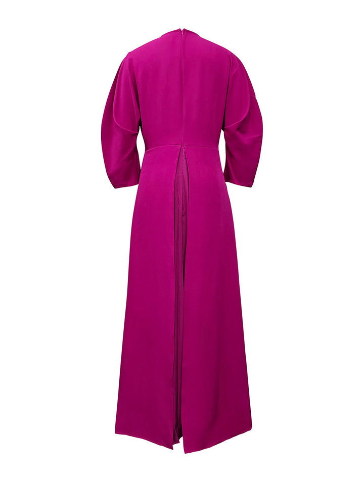 Olivia Bennet | Long Sleeves Loose Pleated Solid Color Split-Joint Tiered Round-Neck Maxi Dresses