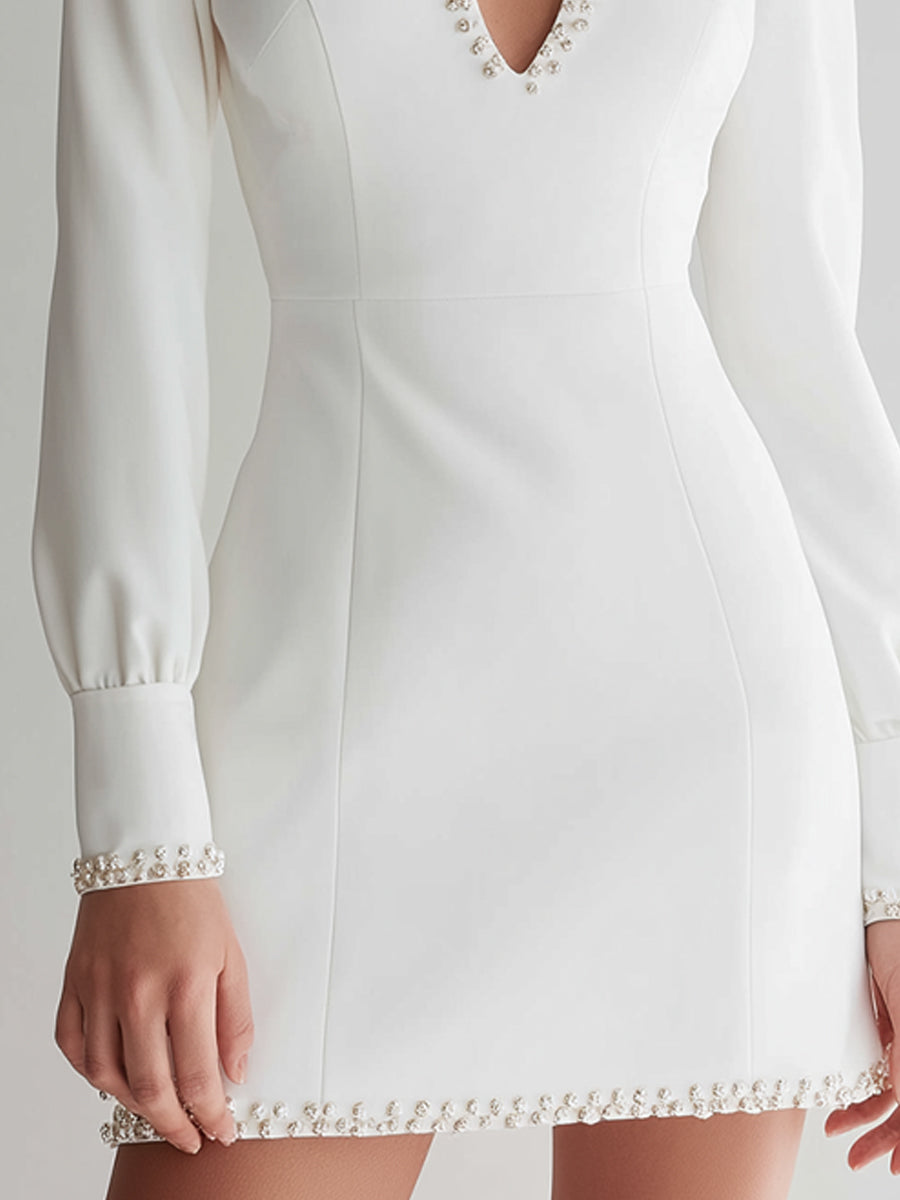 Olivia Bennet | White Long-Sleeve Pearl-Embellished Keyhole Mini Dress