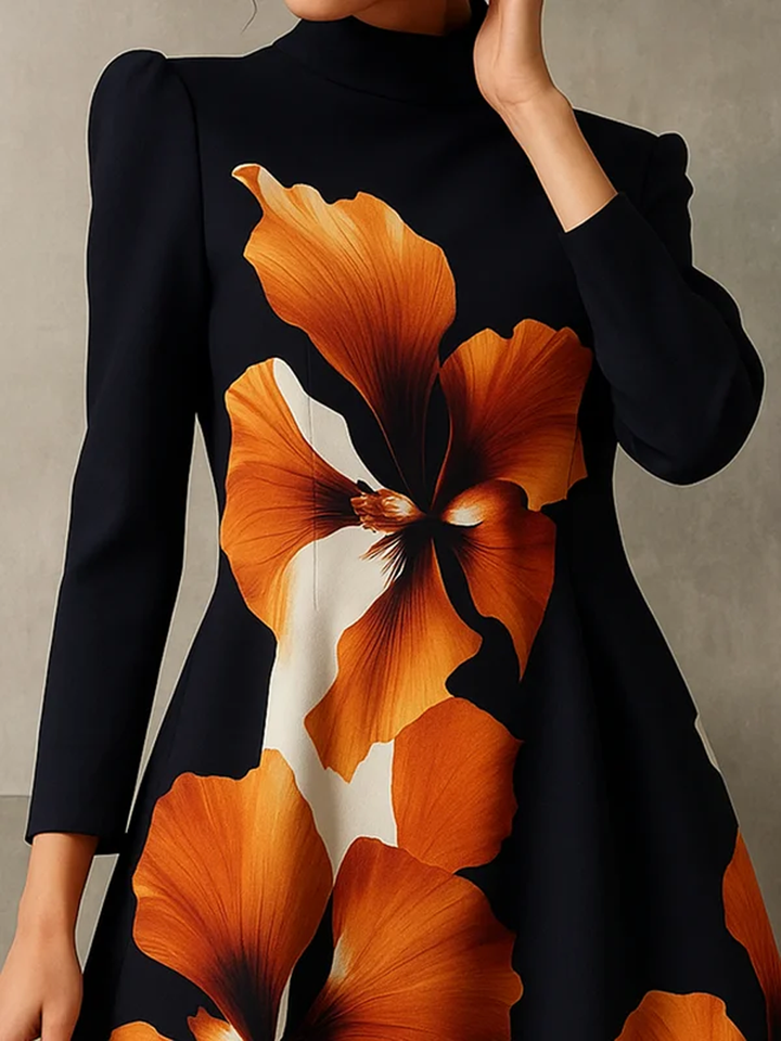 Olivia Bennet | A-Line Long Sleeves Contrast Color Flower Print Mock Neck Midi Dresses