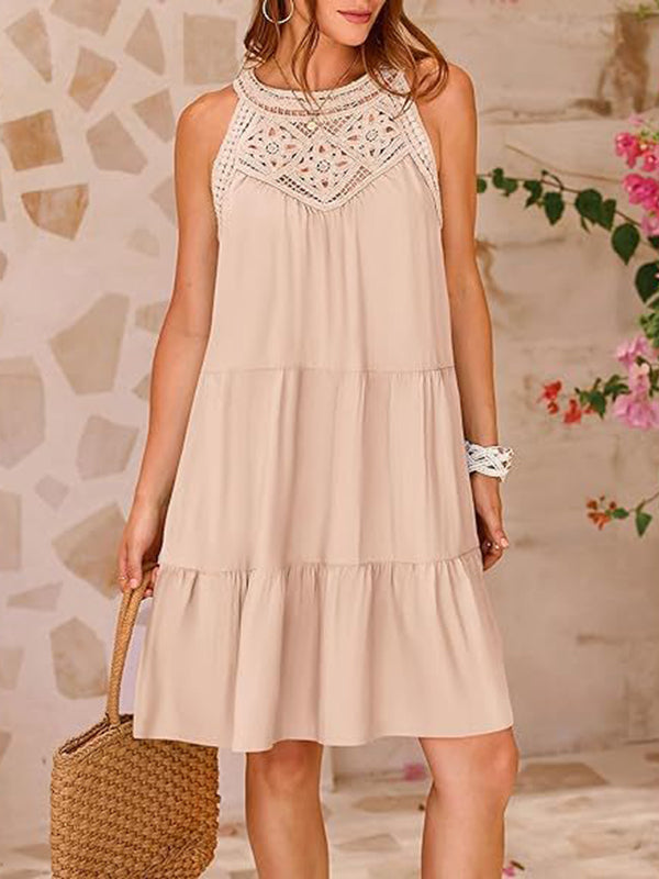 Olivia Bennet | A-Line Loose Hollow Pleated Solid Color Split-Joint Round-Neck Mini Dresses