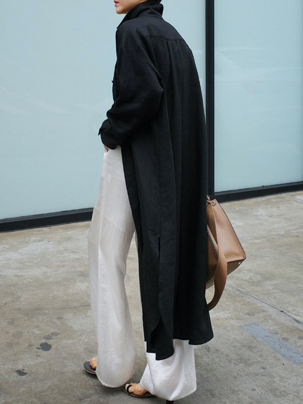 Olivia Bennet | Simple Long Sleeves Split-Side Solid Color Lapel Midi Dresses Shirt Dress