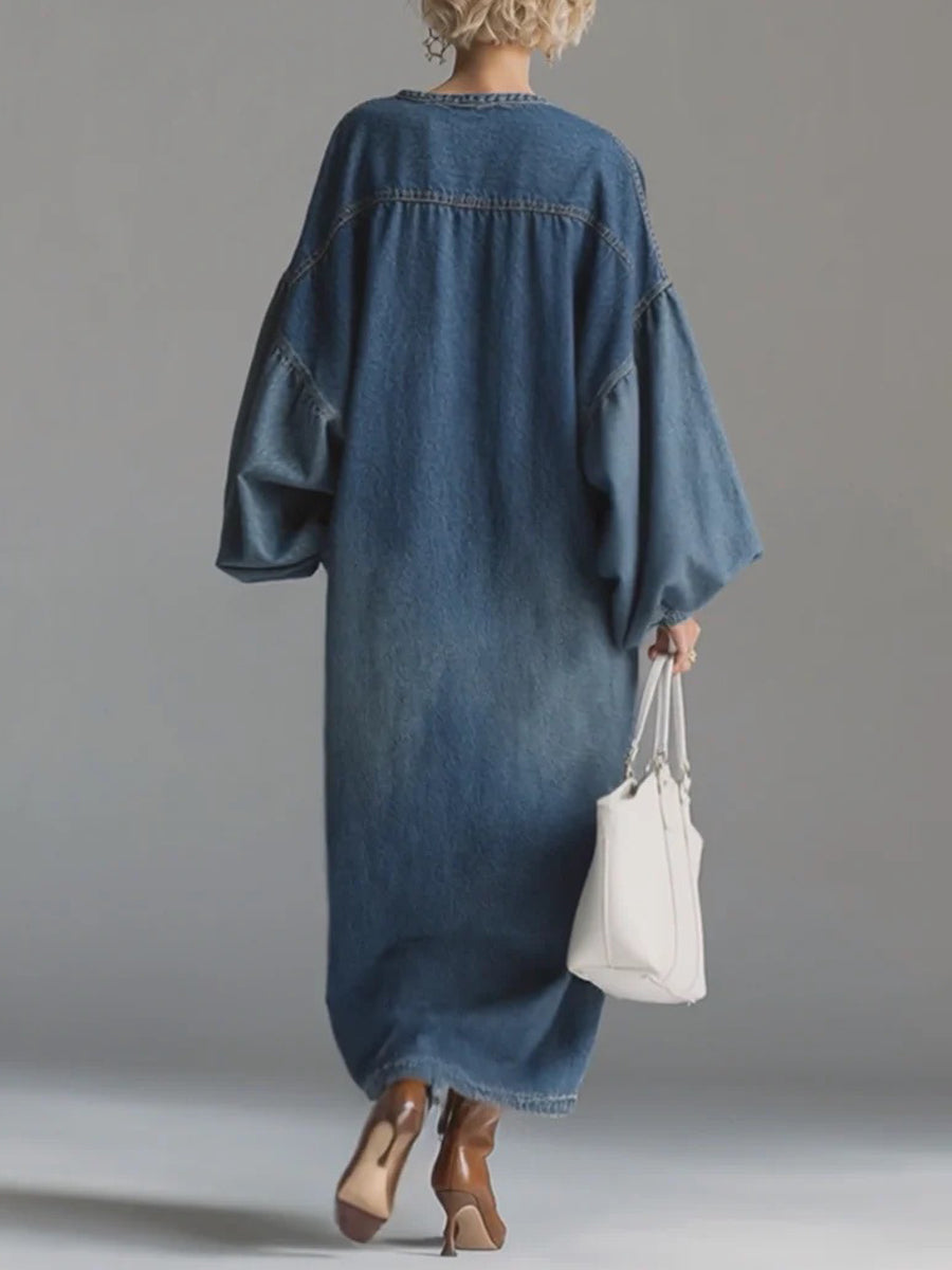 Olivia Bennet | Long Sleeves Loose Buttoned Pockets Solid Color V-Neck Maxi Dresses