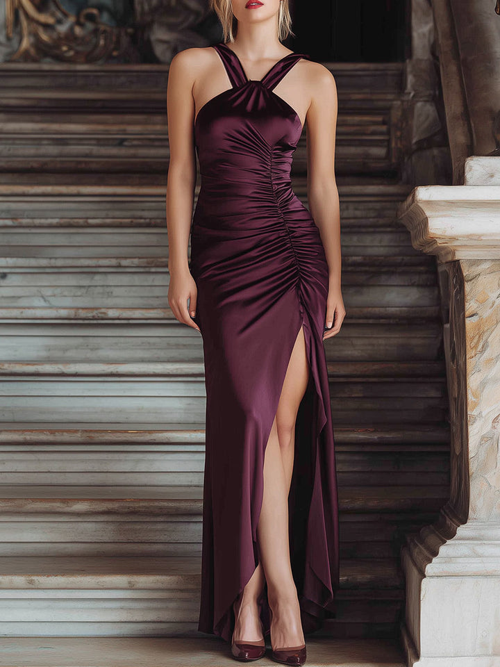 Olivia Bennet | Burgundy Double-Strap Ruched Satin Gown