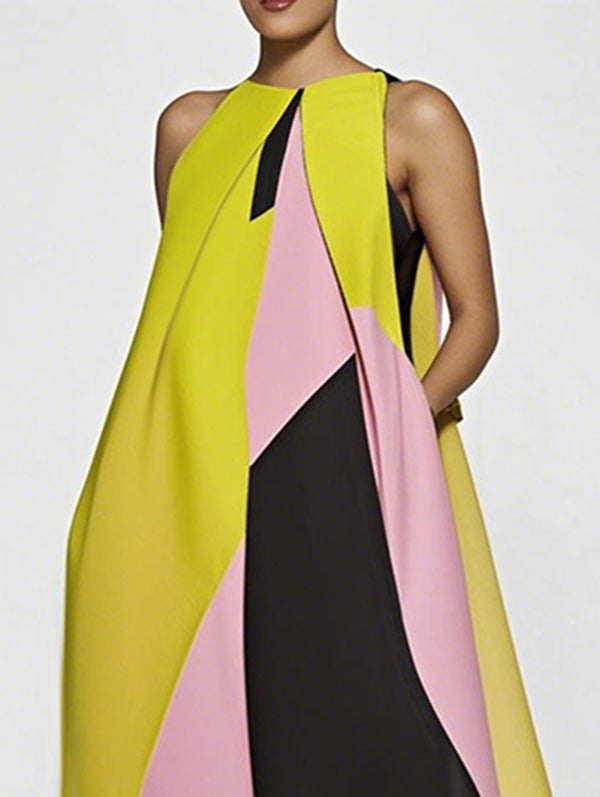 Olivia Bennet | A-Line Loose Color-Block Pleated Split-Joint Round-Neck Maxi Dresses
