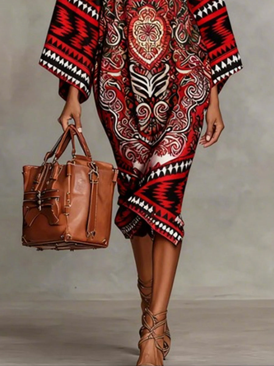 Olivia Bennet | Flared Sleeves Long Sleeves Contrast Color Flower Print Geometric Split-Joint Round-Neck Midi Dresses