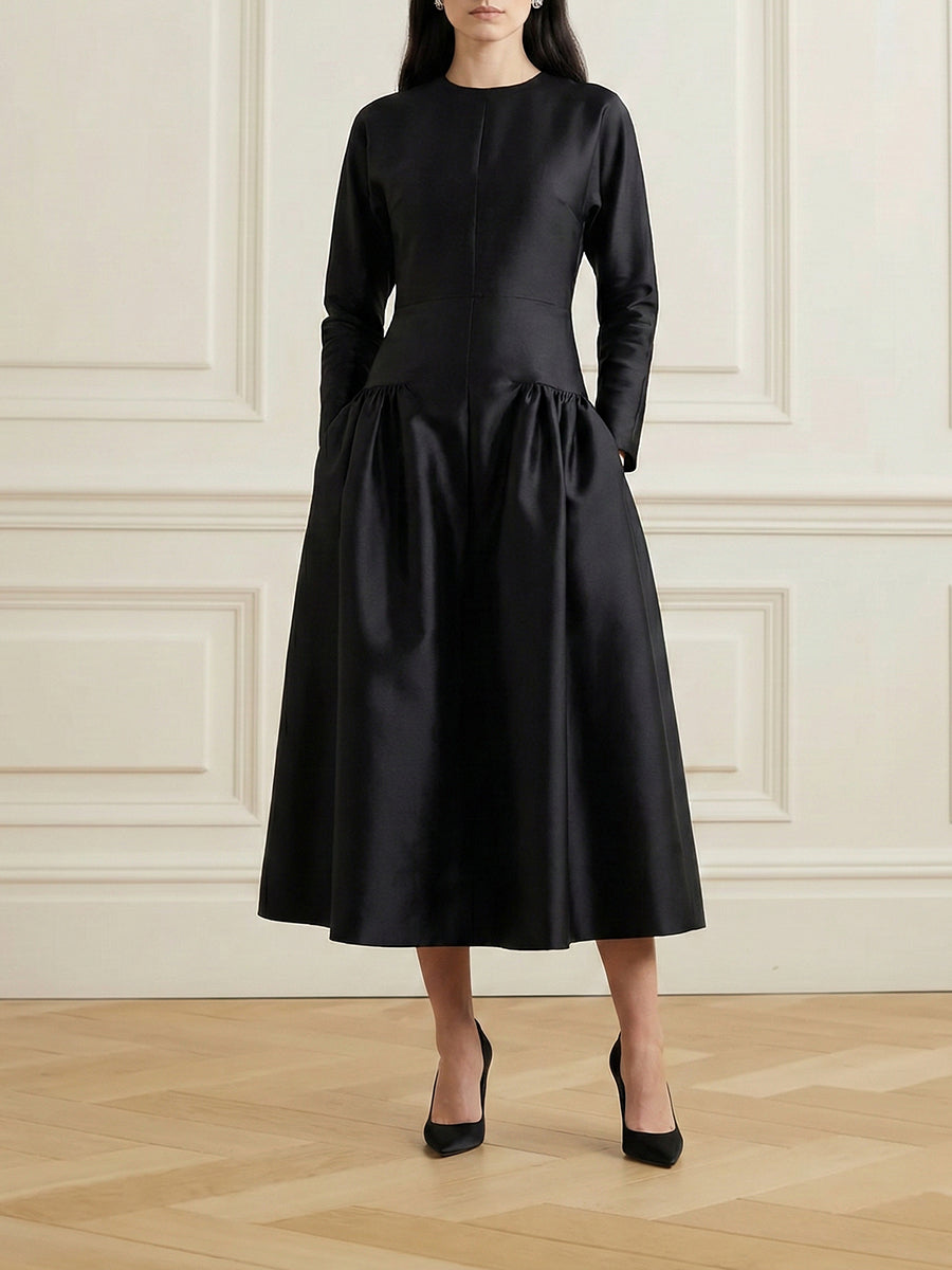 Olivia Bennet | Long Sleeves Solid Color Round-Neck Midi Dresses