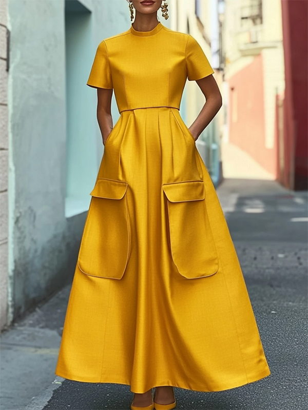 Olivia Bennet | Short Sleeves Pockets Solid Color Stand Collar Maxi Dresses