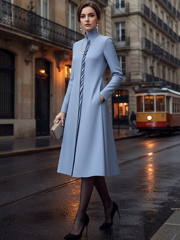 Olivia Bennet | A-Line Bodycon Asymmetric Pleated Pockets Solid Color Split-Joint Stand Collar Midi Dresses
