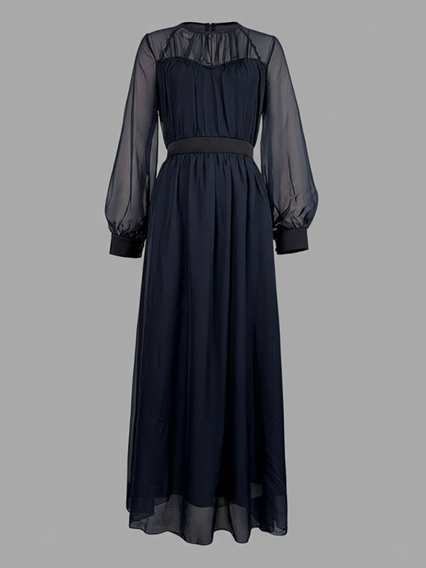 Olivia Bennet | False Two Loose Gauze Pleated See-Through Round-Neck Maxi Dresses