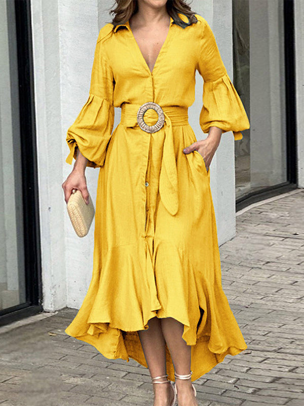 Olivia Bennet | High-Low Puff Sleeves Pleated Solid Color Lapel Collar Maxi Dresses