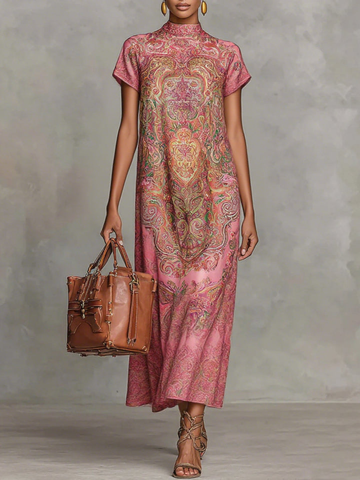 Olivia Bennet | Loose Short Sleeves Contrast Color Flower Print Mock Neck Maxi Dresses