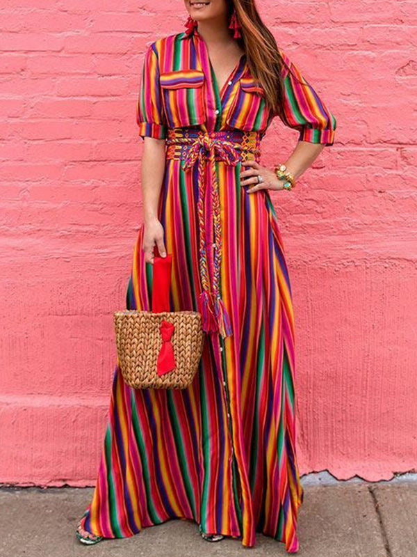 Olivia Bennet | Long Sleeves Loose Split-Joint Striped Lapel Maxi Dresses Shirt Dress