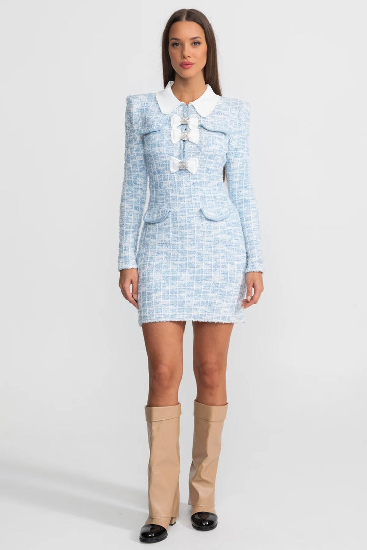 Olivia Bennet | Light Blue Contrast Collar Bow-Embellished Tweed Dress