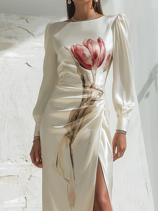 Olivia Bennet | Long Sleeves Flower Print Pleated Split-Side Round-Neck Maxi Dresses