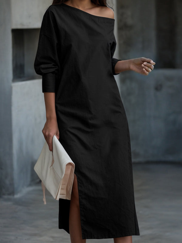 Olivia Bennet | Long Sleeves Loose Solid Color Split-Side One-Shoulder Midi Dresses