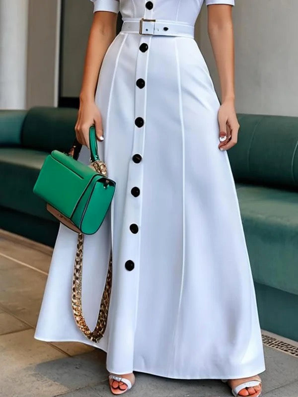 Olivia Bennet | Puff Sleeves Short Sleeves Belted Buttoned Solid Color Lapel Maxi Dresses Shirt Dress