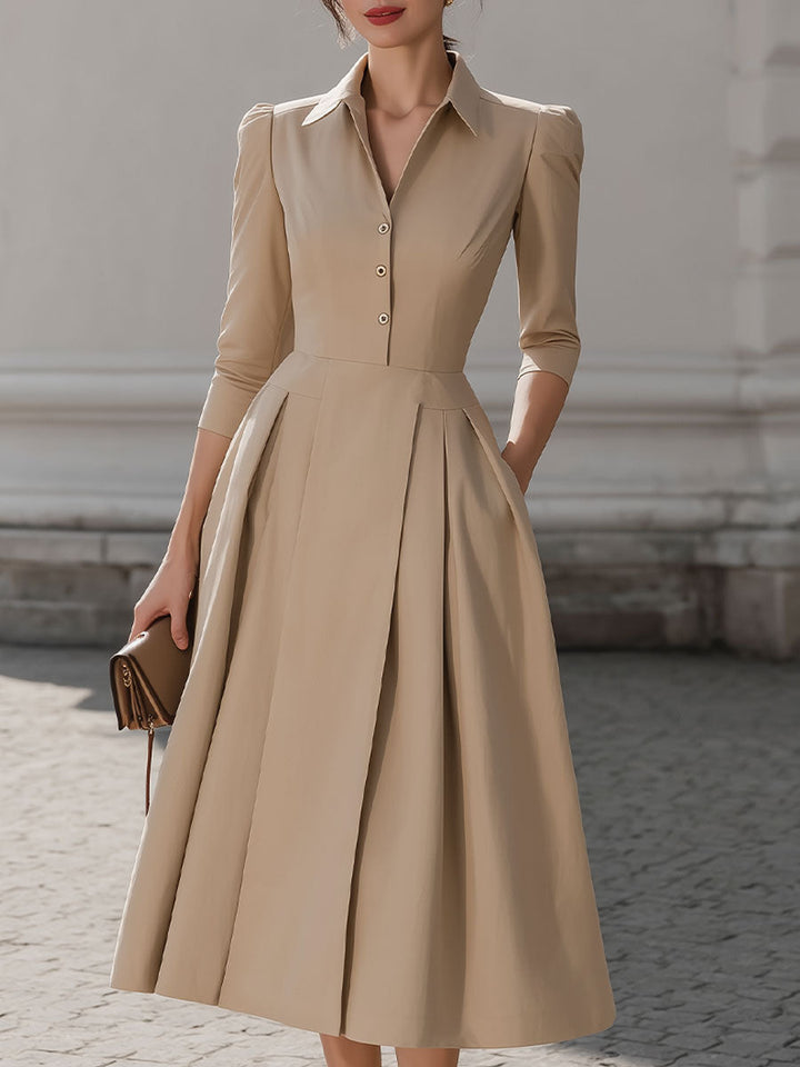 Olivia Bennet | Beige Shirt-Collar Pleated Midi Dress