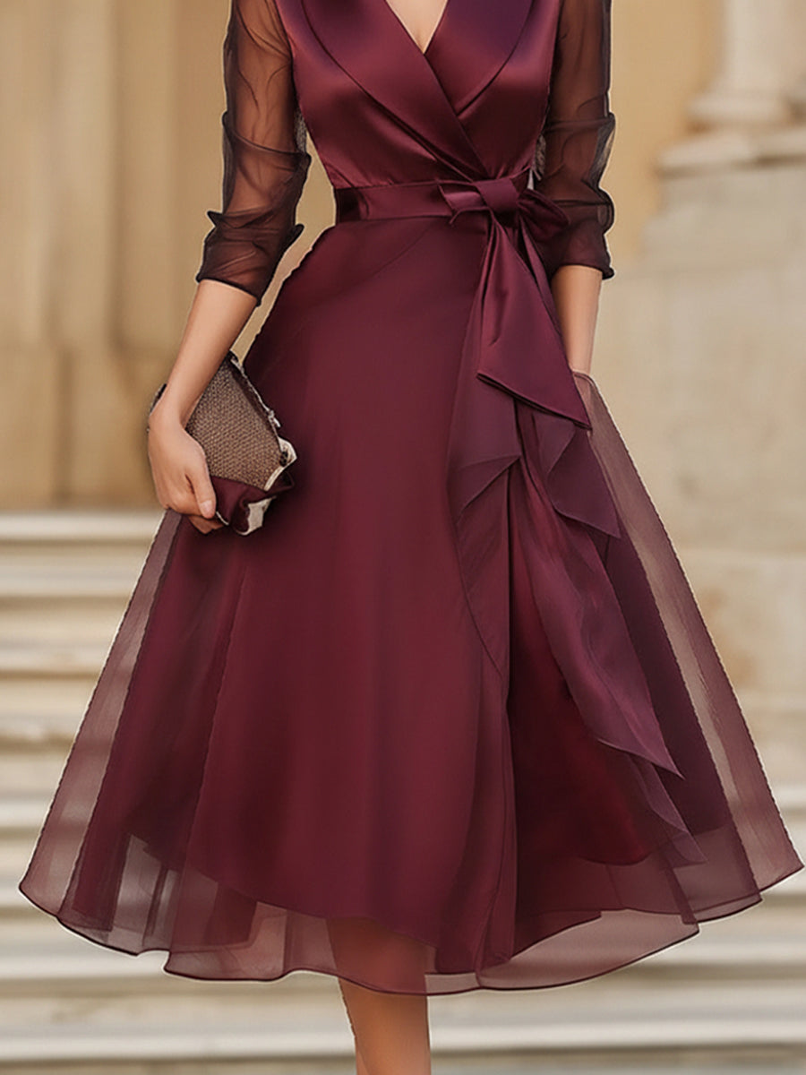 Olivia Bennet | Elegant Wrap Midi Dress With Sheer Sleeves