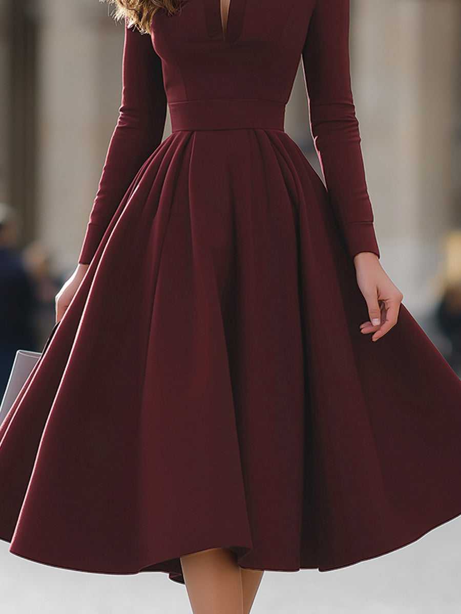 Olivia Bennet | Burgundy V-Neck Full-Skirt Midi Dress
