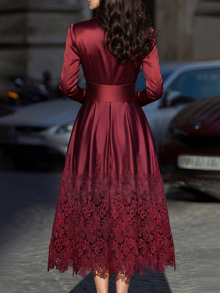 Olivia Bennet | Burgundy Satin Belted Midi Dress With Lace Hem