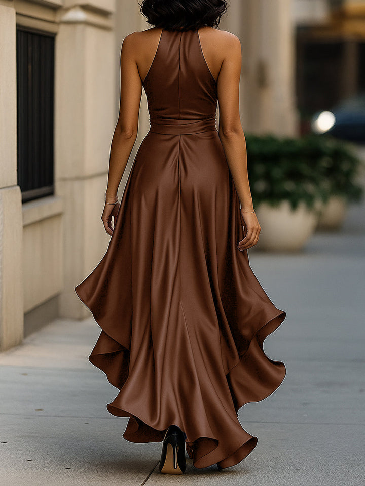 Olivia Bennet | Midnight Elegance Satin Halter Ruffle Gown