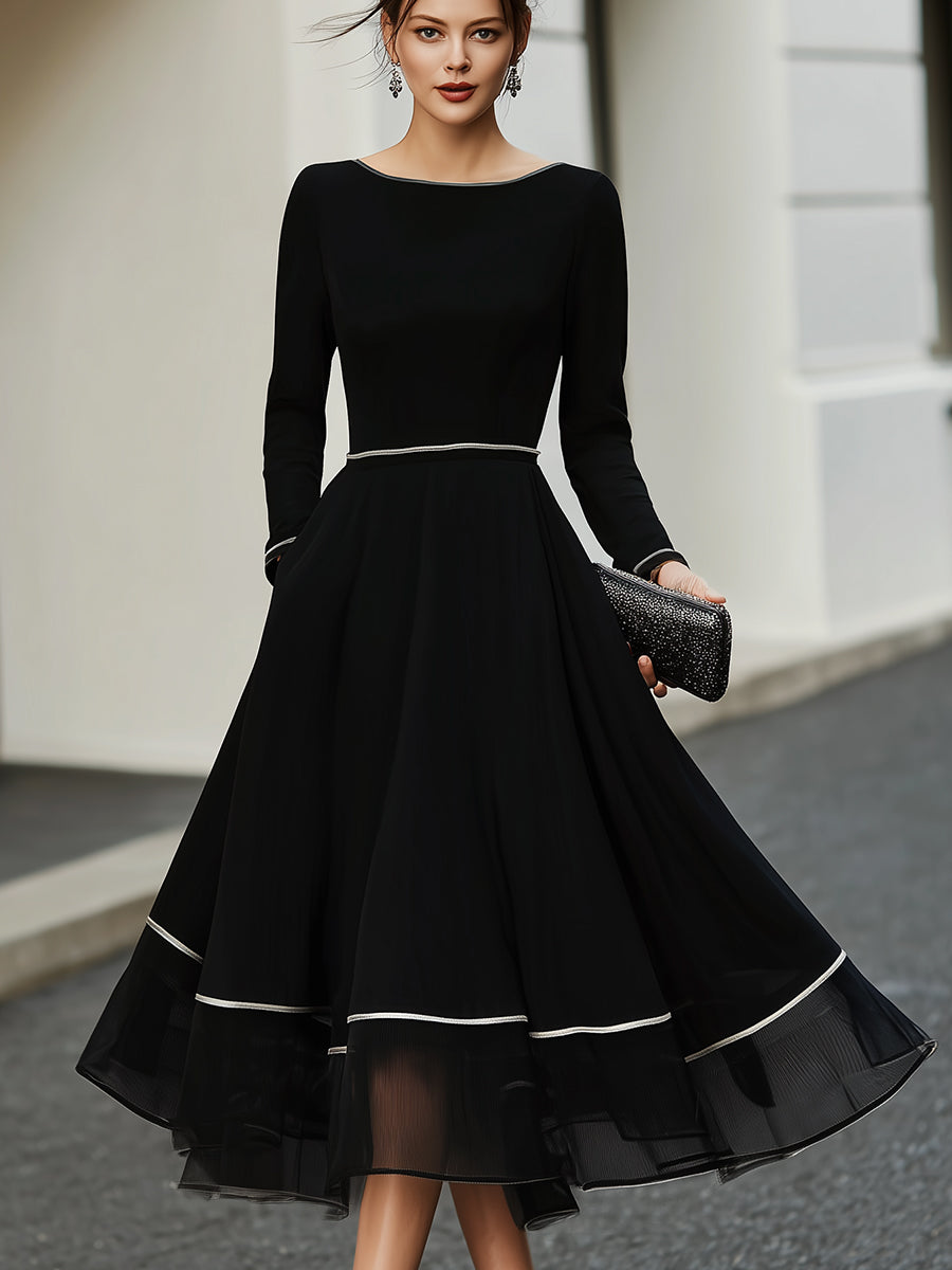 Olivia Bennet | Long Sleeve Contrast Trim Midi Dress With Flared Skirt