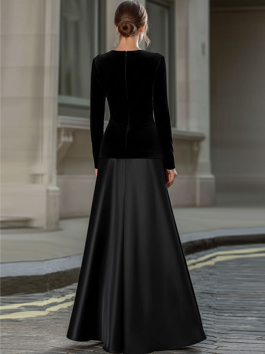 Olivia Bennet | Black Velvet & Satin Long-Sleeve A-Line Evening Gown