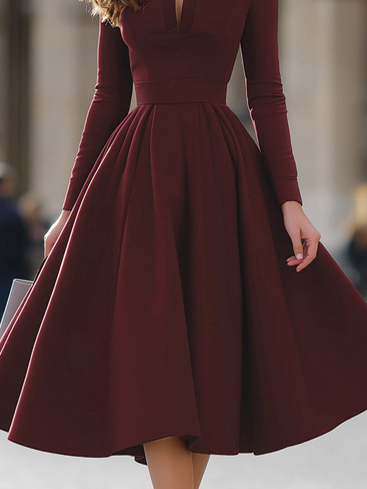 Olivia Bennet | Burgundy V-Neck Full-Skirt Midi Dress