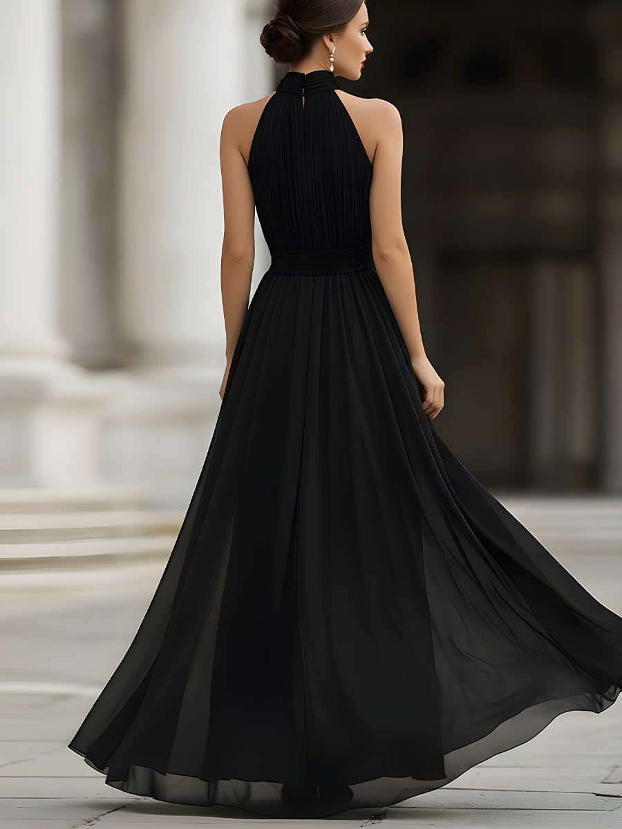 Olivia Bennet | Black Halter Neck Pleated Chiffon Maxi Dress