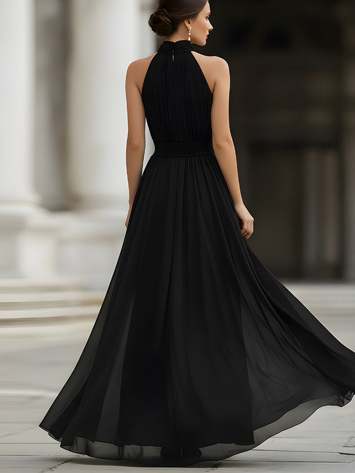 Olivia Bennet | Black Halter Neck Pleated Chiffon Maxi Dress