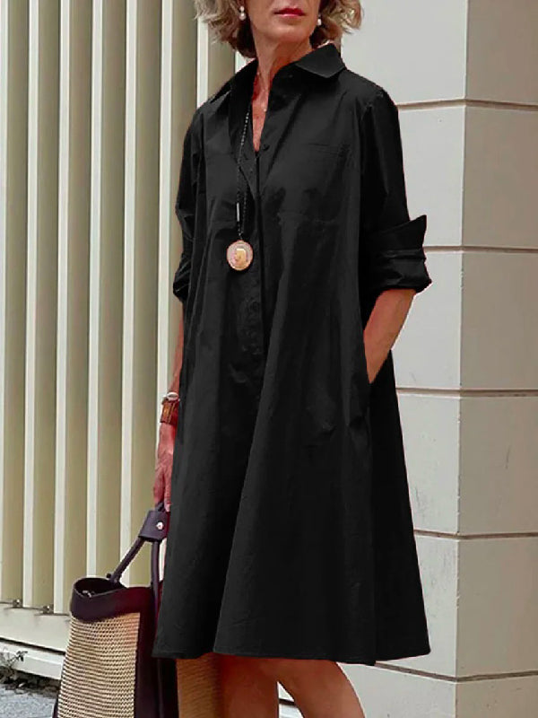 Olivia Bennet | Simple Long Sleeves Solid Color Lapel Midi Dress