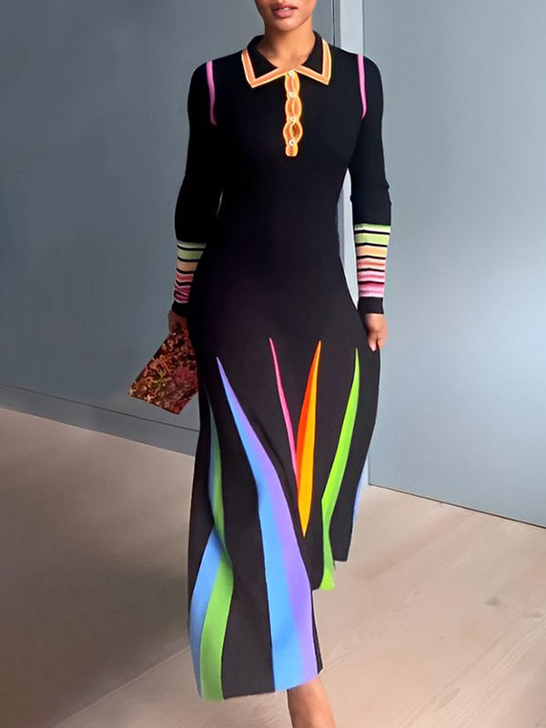 Olivia Bennet | Long Sleeves Skinny Buttoned Printed Lapel Maxi Dresses