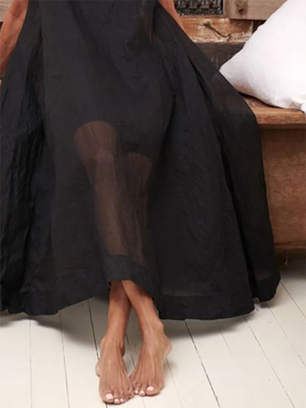 Olivia Bennet | A-Line Loose Pockets See-Through Solid Color Round-Neck Cover-Up Midi Dresses