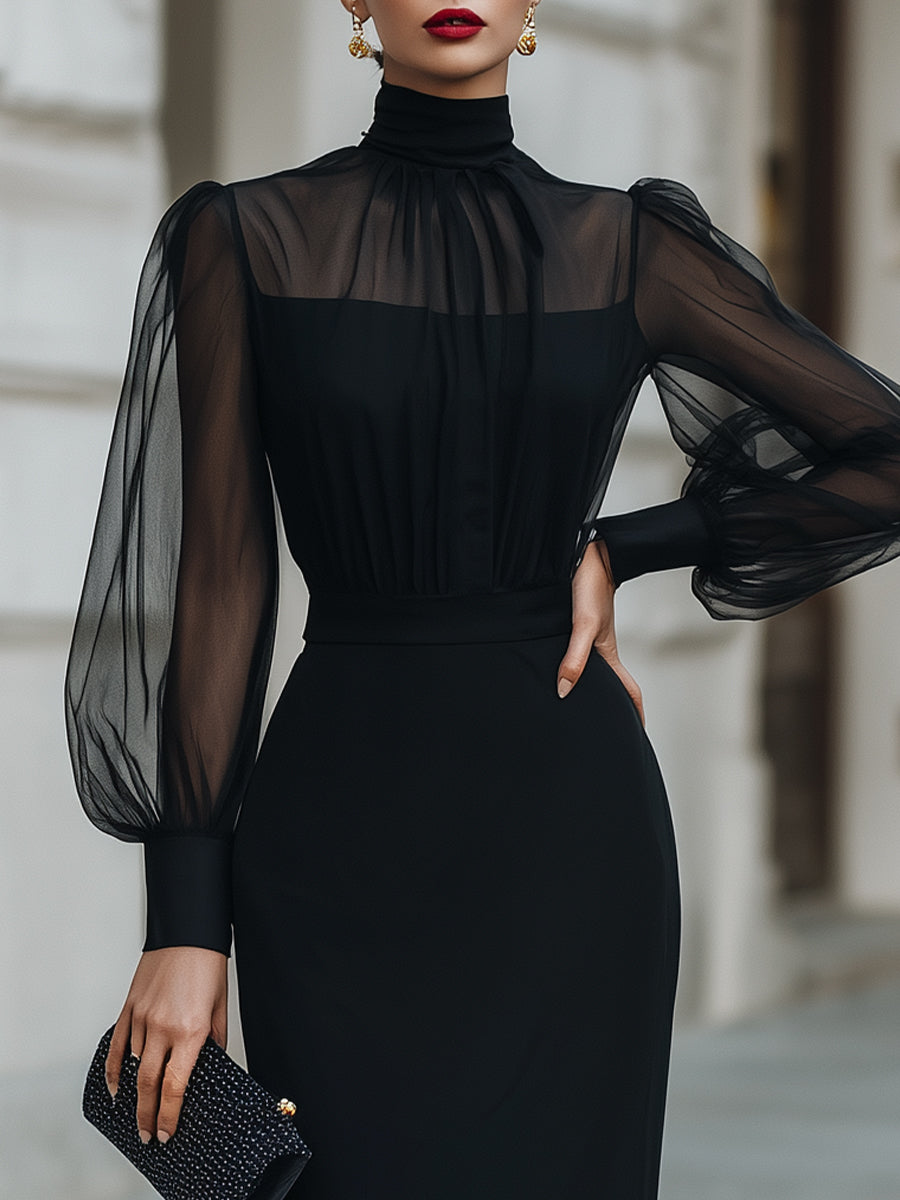 Olivia Bennet | High-Neck Sheer Sleeve Tailored Midi Dress