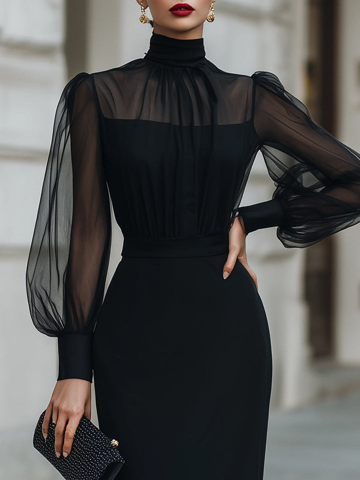 Olivia Bennet | High-Neck Sheer Sleeve Tailored Midi Dress