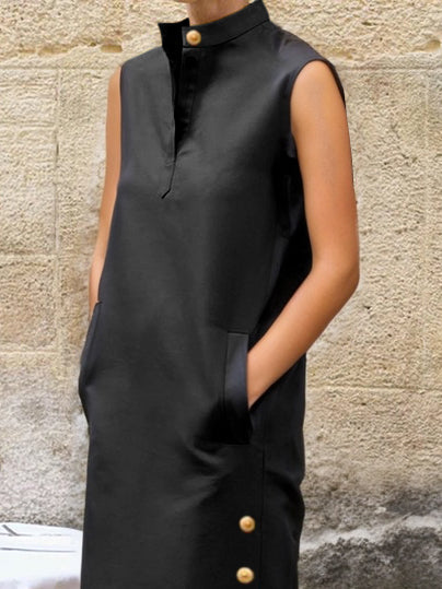 Olivia Bennet | Sleeveless Buttoned Solid Color Split-side Stand Collar Maxi Dresses Shirt Dress