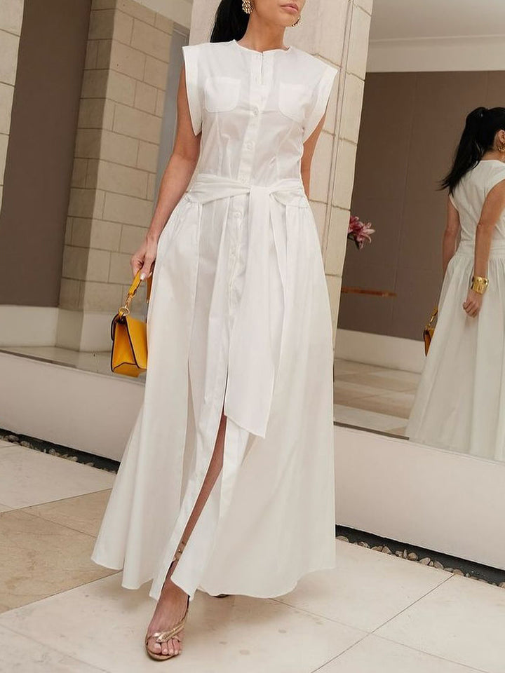 Olivia Bennet | Cap Sleeve Loose Buttoned Solid Color Split-Side Tied Waist Maxi Dresses Shirt Dress