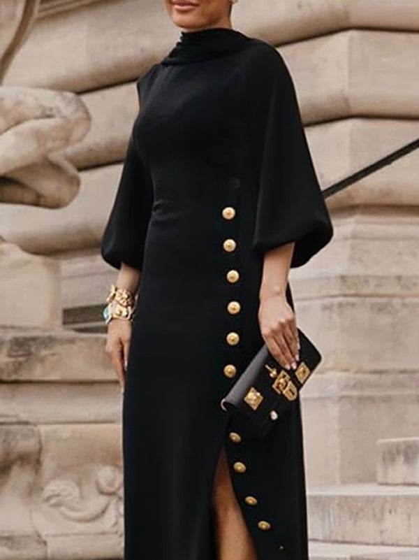 Olivia Bennet | Loose Puff Sleeves Buttoned Split-side Mock Neck Maxi Dresses