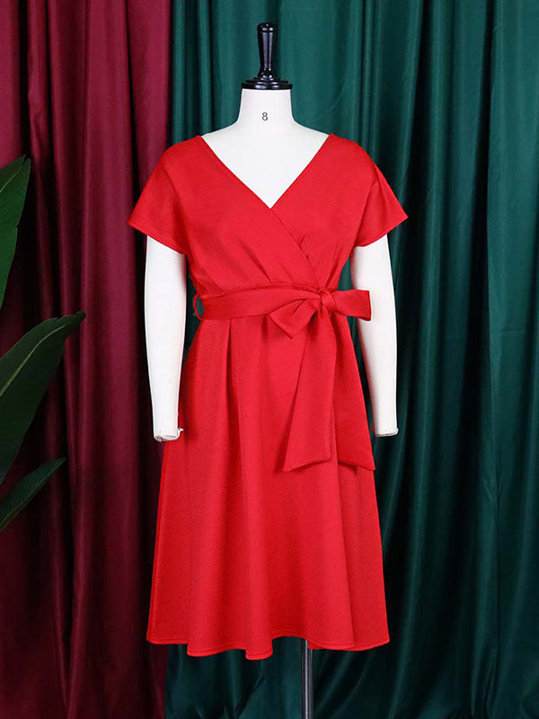 Olivia Bennet | Bowknot Lace-Up Solid Color V-Neck Midi Dresses