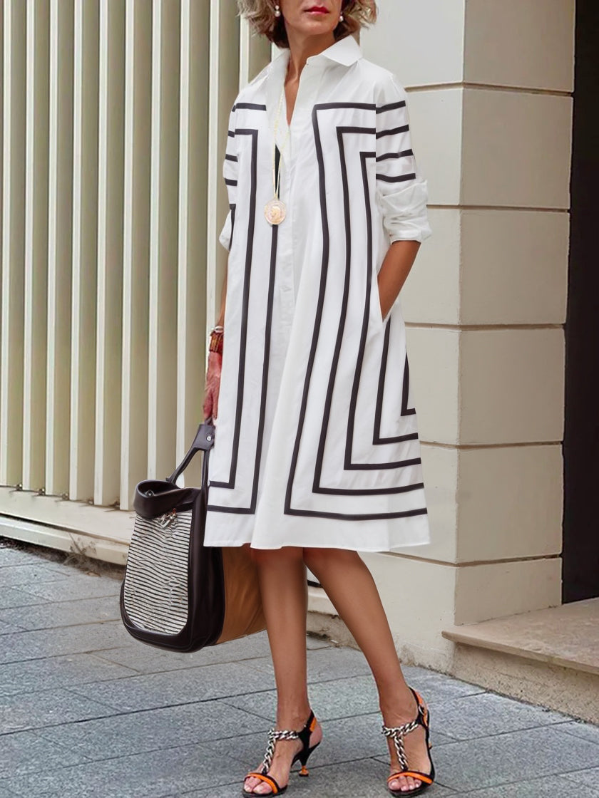 Olivia Bennet | Half Sleeves Loose Buttoned Striped Lapel Midi Dresses Shirt Dress