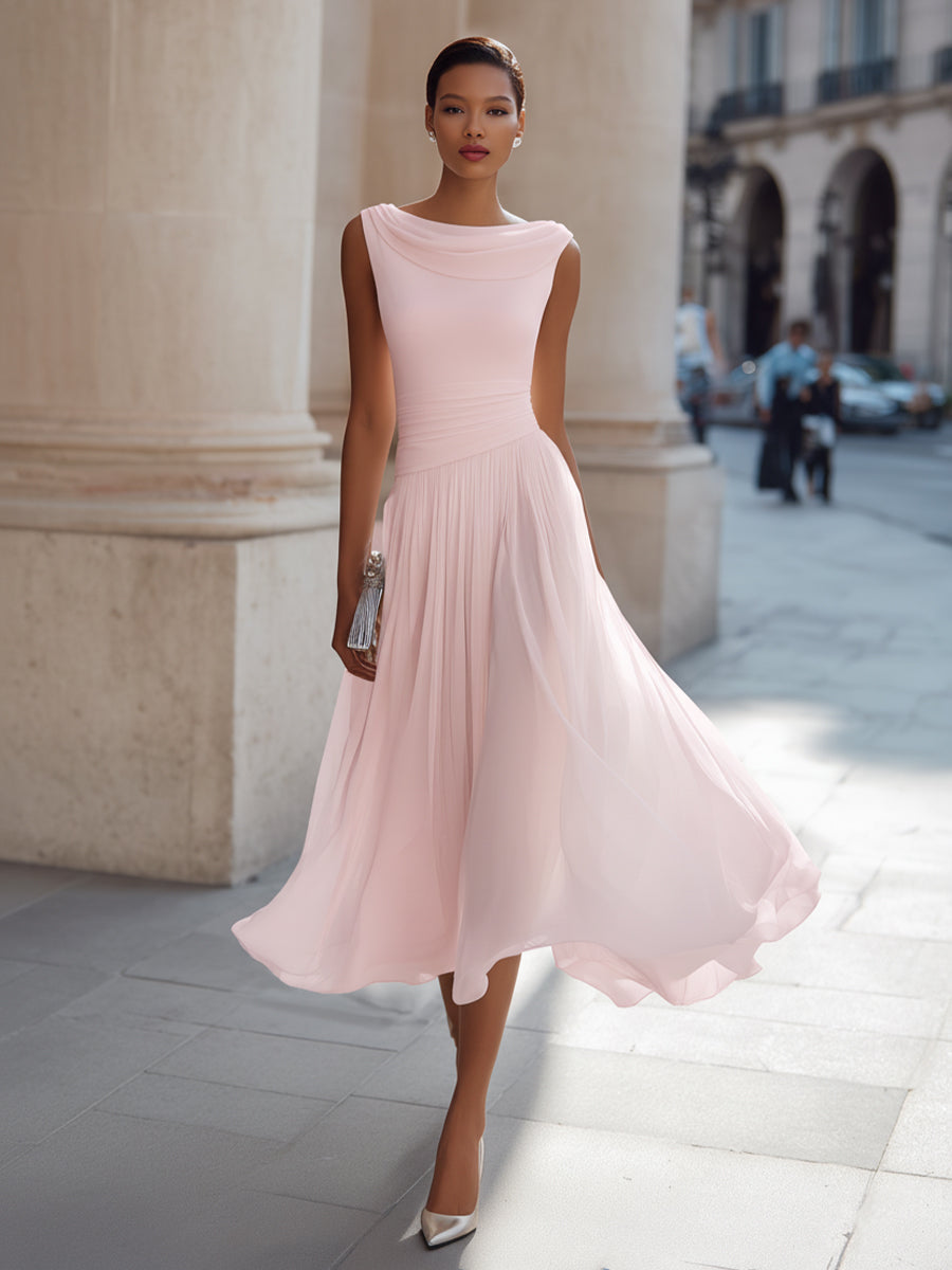 Olivia Bennet | Draped Neck Sleeveless Pleated Midi Dress