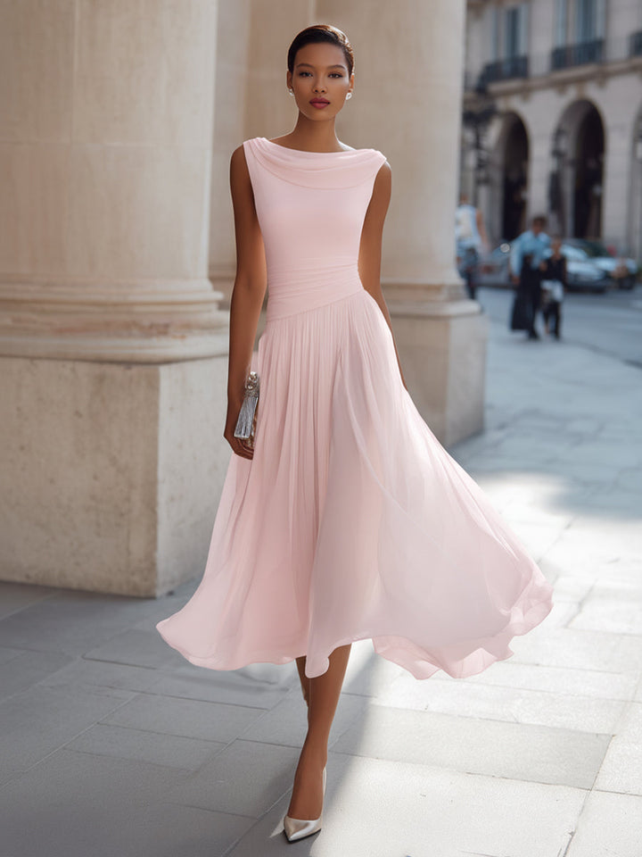 Olivia Bennet | Draped Neck Sleeveless Pleated Midi Dress