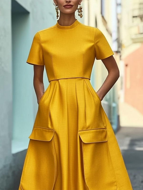 Olivia Bennet | Short Sleeves Pockets Solid Color Stand Collar Maxi Dresses