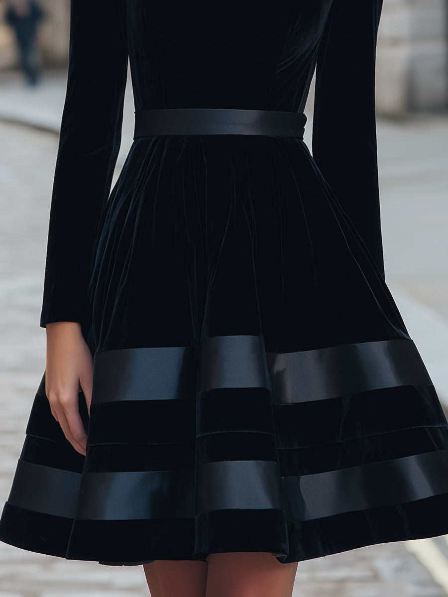 Olivia Bennet | Black Velvet Fit-and-Flare Dress With Satin Stripes