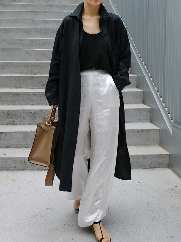 Olivia Bennet | Simple Long Sleeves Split-Side Solid Color Lapel Midi Dresses Shirt Dress