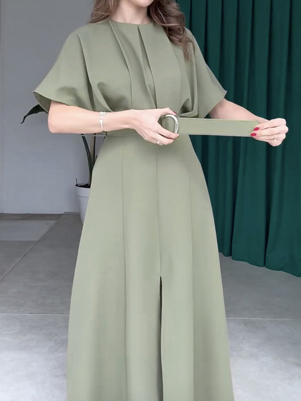 Olivia Bennet | Loose Raglan Sleeve Pleated Split-Front Split-Joint Tied Waist Round-Neck Maxi Dresses