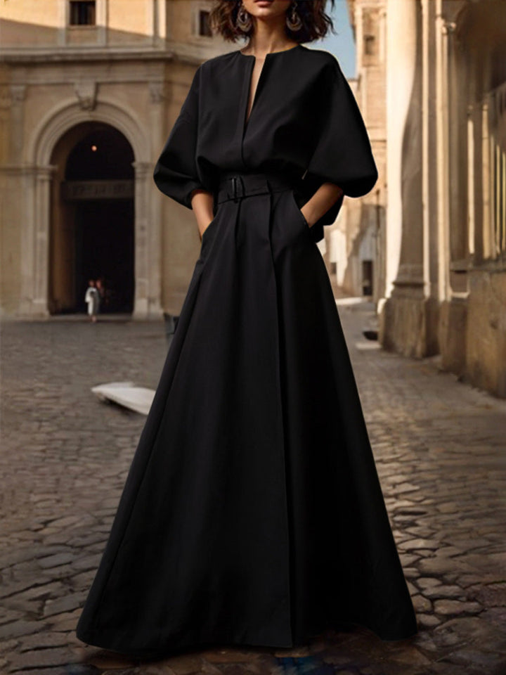 Olivia Bennet | Half Sleeves Loose Belted Solid Color Deep V-Neck Maxi Dresses
