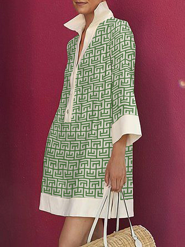 Olivia Bennet | Long Sleeves Three-Quarter Sleeves Buttoned Printed Lapel Mini Dresses Shirt Dress